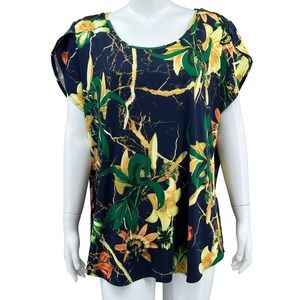 Kate & Mallory Top Womens 1X Navy Yellow Dark Floral Short Sleeve Office Stretch
